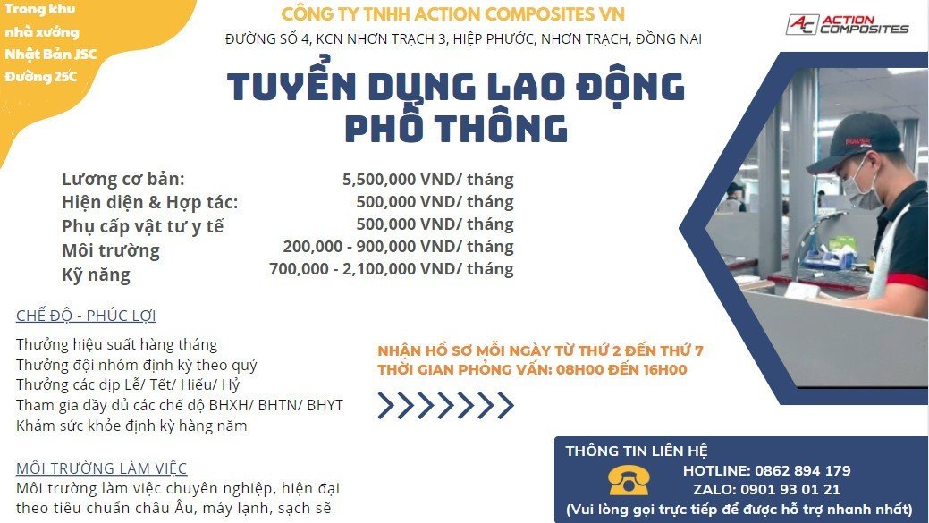 Công ty Action Composites tuyển dụng lao động phổ thông